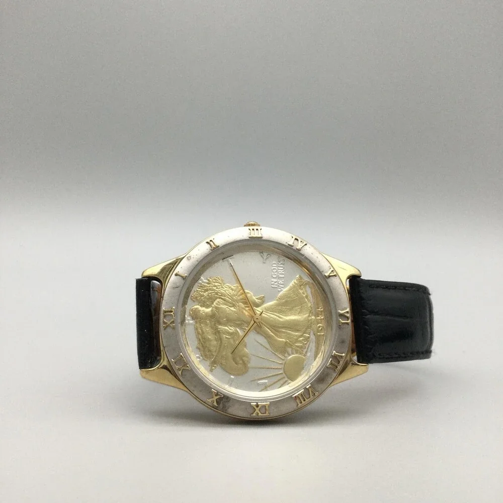 Mens Watch 39mm Walking Liberty Coin Dial 14K Gold Plated Leather New Battery